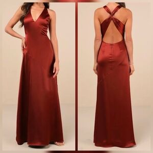 Lulus Purely Elegant Rust Brown Satin Twist-Back Maxi Dress, Size XL